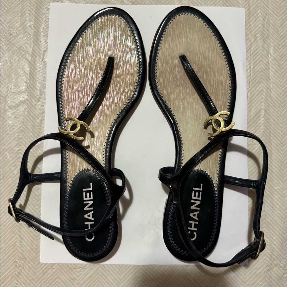 CHANEL Black Ankle Strap Sandals with Block Heel